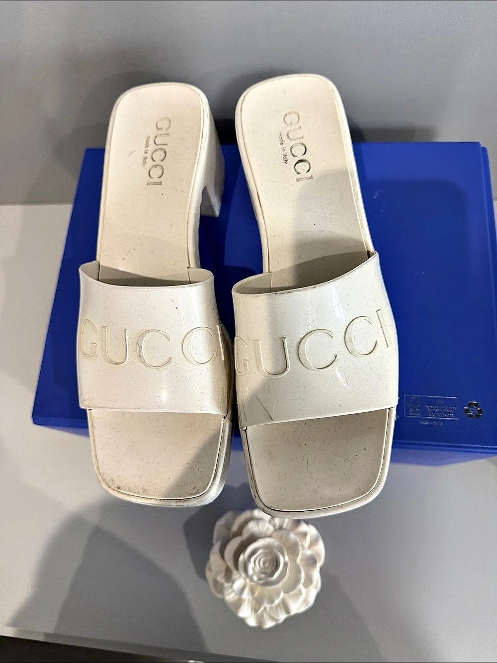 Gucci Rubber Embossed Logo Mule White Slide Sandals
